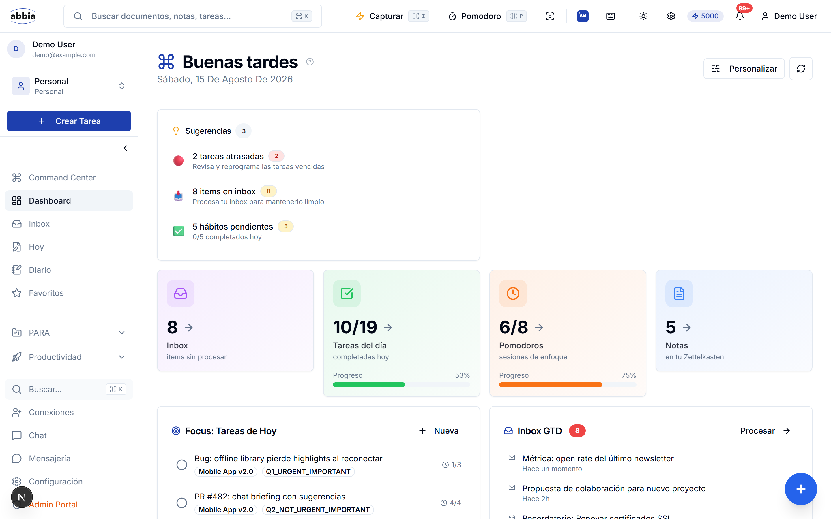 Dashboard de Abbia con widgets y resumen del día