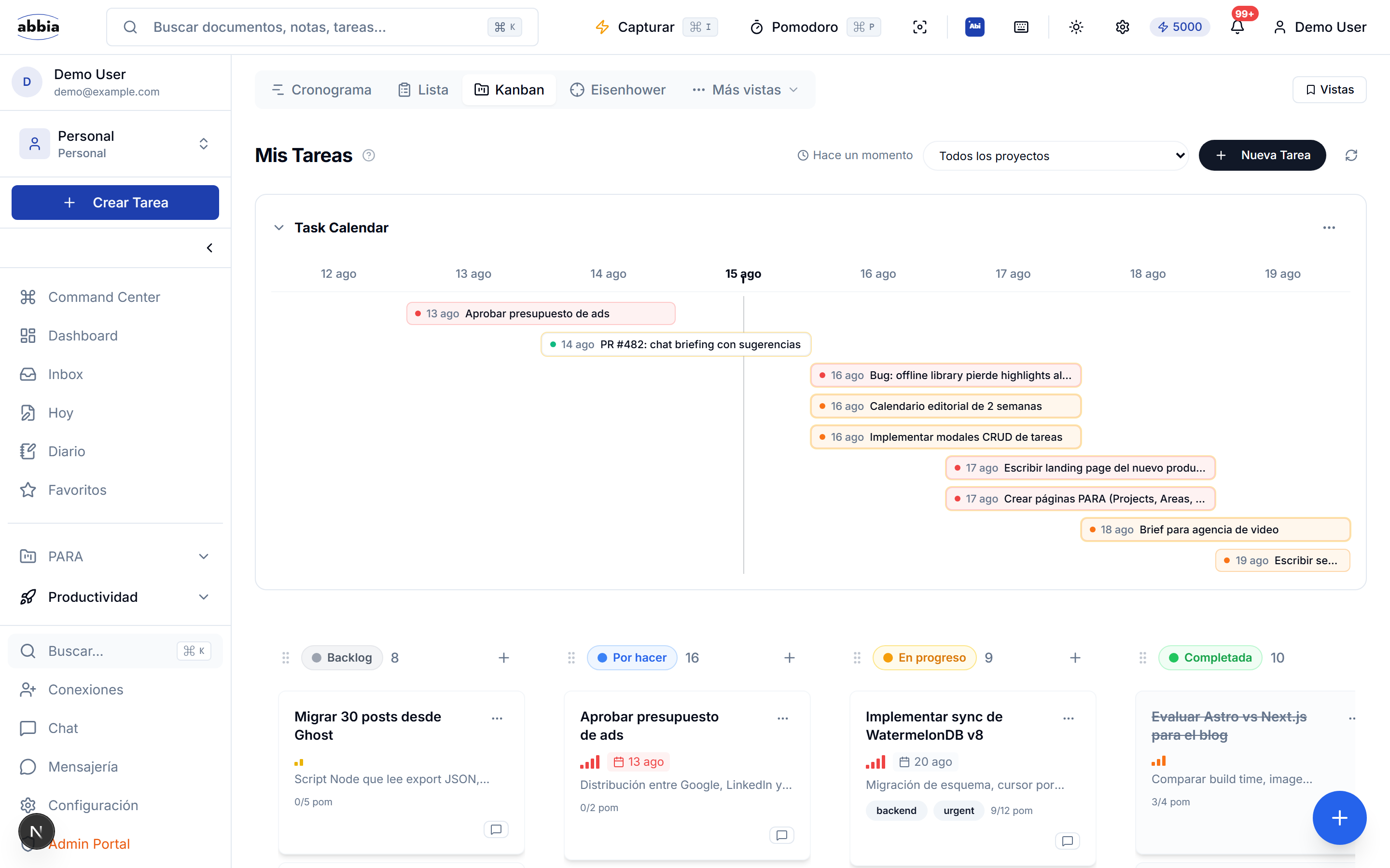Tablero Kanban de Abbia con tareas y columnas